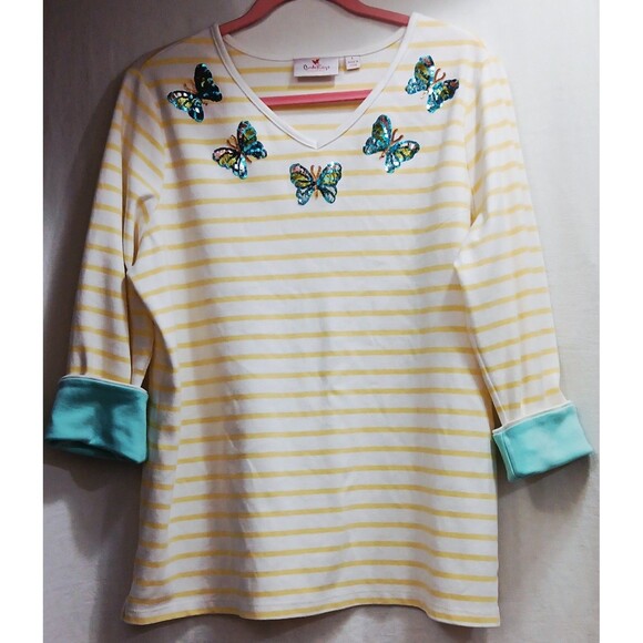 Quacker Factory Women's Large Blue Sequin Butterfly 3/4 Sleeve White Yellow EUC - Picture 1 of 9
